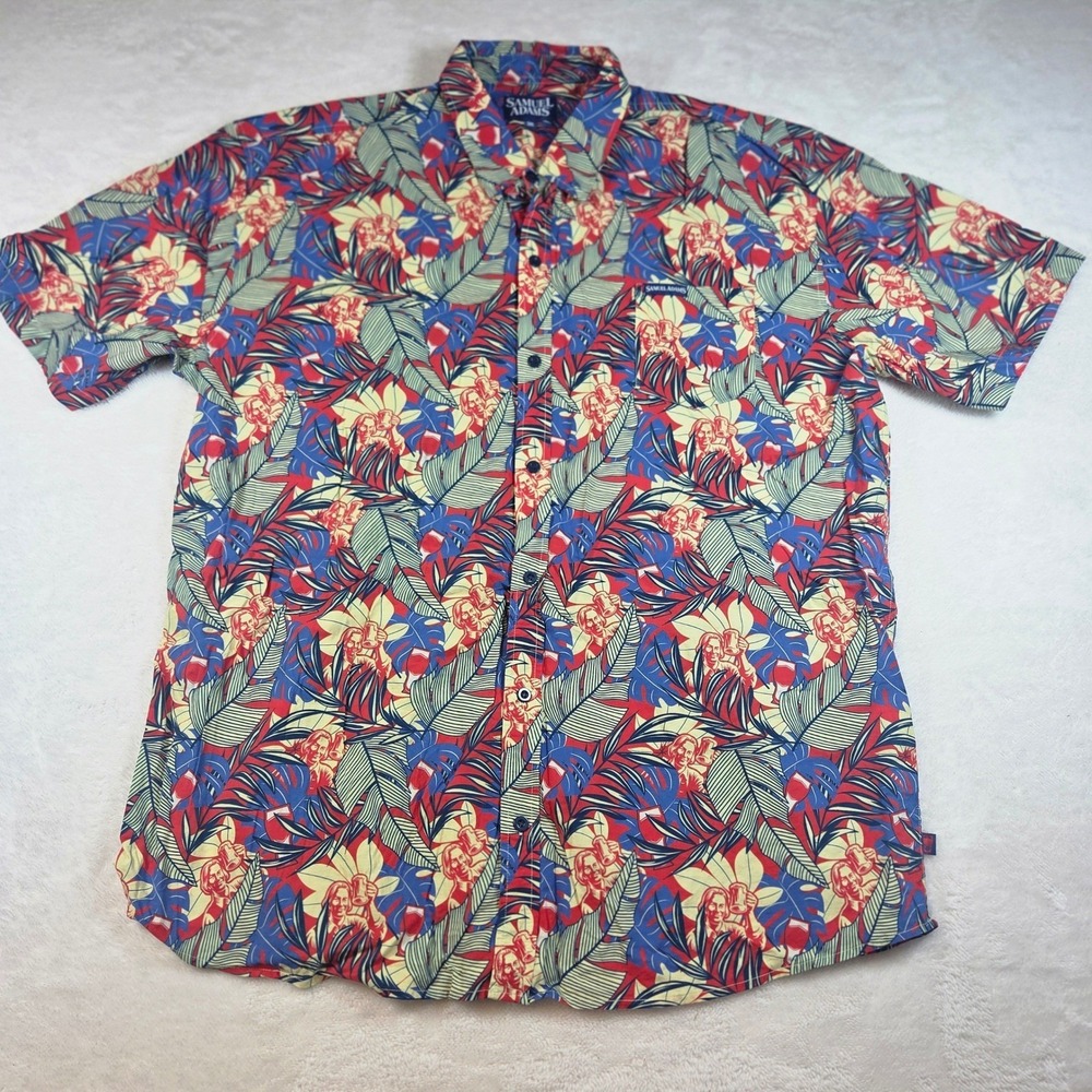Samuel Adams Mens 3XL Tropical Beer Mug Print Button Down Shirt Red Blue Yellow